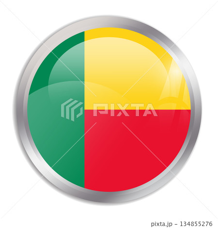 Benin flag - glossy circle button in metal frame displays a colorful flag of a country cultural identity and heritage. The essence of national pride and unity. 134855276