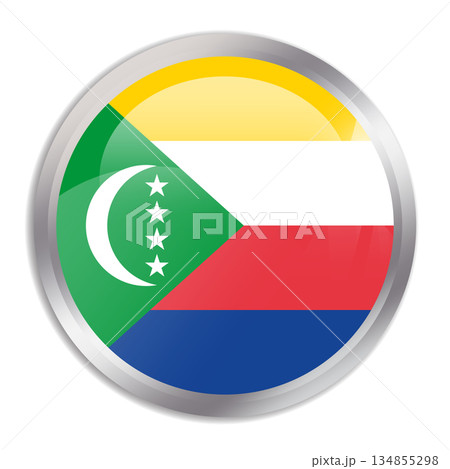Comoros flag - glossy circle button in metal frame displays a colorful flag of a country cultural identity and heritage. The essence of national pride and unity. 134855298