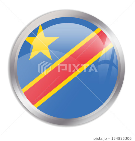 Democratic Republic of the Congo flag - glossy circle button in metal frame displays a colorful flag of a country cultural identity and heritage. The essence of national pride and unity. 134855306