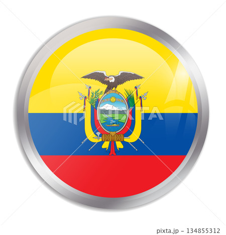 Ecuador flag - glossy circle button in metal frame displays a colorful flag of a country cultural identity and heritage. The essence of national pride and unity. 134855312