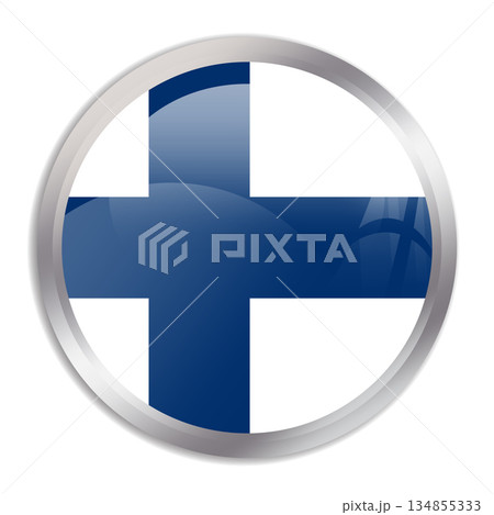 Finland flag - glossy circle button in metal frame displays a colorful flag of a country cultural identity and heritage. The essence of national pride and unity. Finland flag - glossy circle button in metal frame displays a colorful flag of a country cultural identity and heritage. The essence of national pride and unity. 134855333