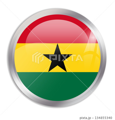 Ghana flag - glossy circle button in metal frame displays a colorful flag of a country cultural identity and heritage. The essence of national pride and unity. 134855340