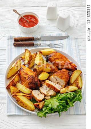 grilled juicy chicken breasts and roasted potatoes 134855351