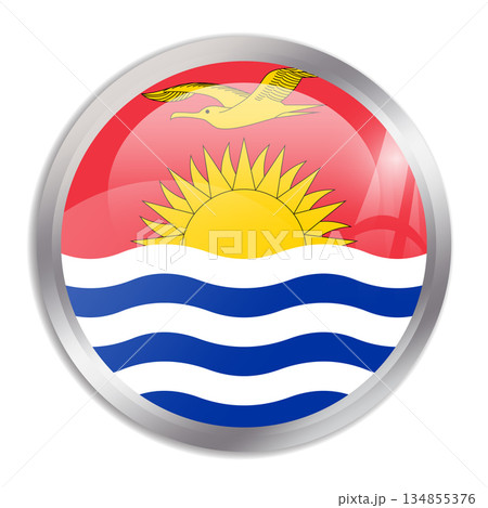 Kiribati flag - glossy circle button in metal frame displays a colorful flag of a country cultural identity and heritage. The essence of national pride and unity. 134855376