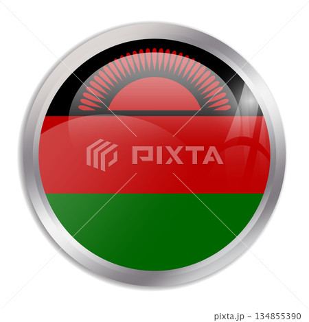 Malawi flag - glossy circle button in metal frame displays a colorful flag of a country cultural identity and heritage. The essence of national pride and unity. 134855390