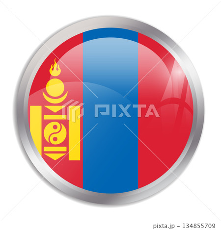 Mongolia flag - glossy circle button in metal frame displays a colorful flag of a country cultural identity and heritage. The essence of national pride and unity. 134855709