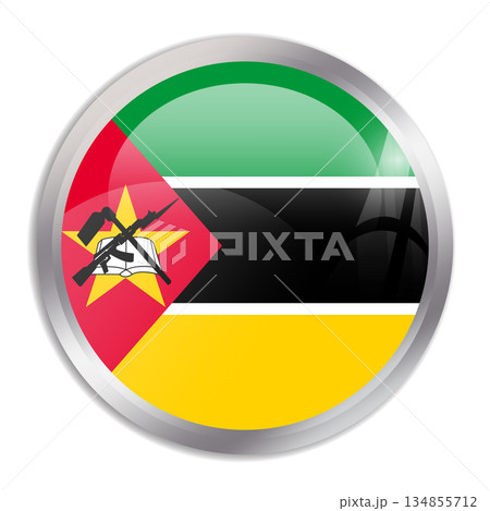 Mozambique flag - glossy circle button in metal frame displays a colorful flag of a country cultural identity and heritage. The essence of national pride and unity. 134855712