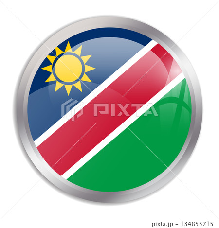 Namibia flag - glossy circle button in metal frame displays a colorful flag of a country cultural identity and heritage. The essence of national pride and unity. 134855715