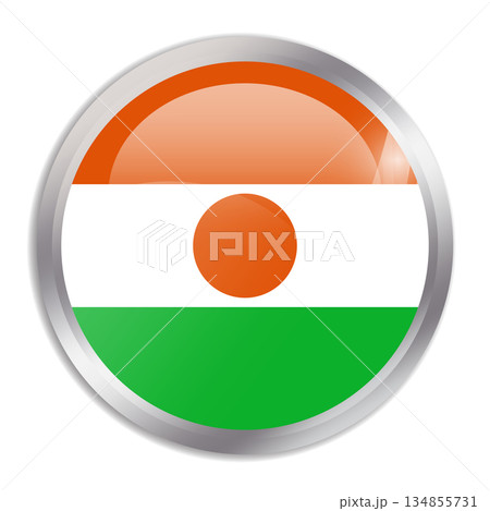 Niger flag - glossy circle button in metal frame displays a colorful flag of a country cultural identity and heritage. The essence of national pride and unity. 134855731