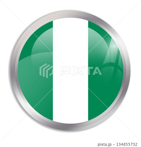 Nigeria flag - glossy circle button in metal frame displays a colorful flag of a country cultural identity and heritage. The essence of national pride and unity. 134855732