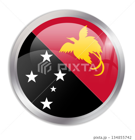 Papua New Guinea flag - glossy circle button in metal frame displays a colorful flag of a country cultural identity and heritage. The essence of national pride and unity. 134855742