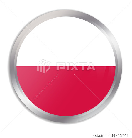 Poland flag - glossy circle button in metal frame displays a colorful flag of a country cultural identity and heritage. The essence of national pride and unity. 134855746