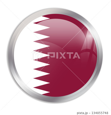 Qatar flag - glossy circle button in metal frame displays a colorful flag of a country cultural identity and heritage. The essence of national pride and unity. 134855748
