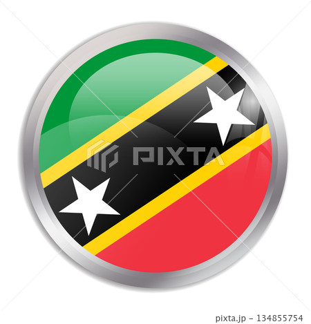 Saint Kitts and Nevis flag - glossy circle button in metal frame displays a colorful flag of a country cultural identity and heritage. The essence of national pride and unity. 134855754