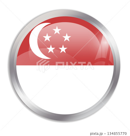 Singapore flag - glossy circle button in metal frame displays a colorful flag of a country cultural identity and heritage. The essence of national pride and unity. 134855770