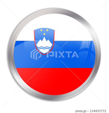 Slovenia flag - glossy circle button in metal frame displays a colorful flag of a country cultural identity and heritage. The essence of national pride and unity. 134855772