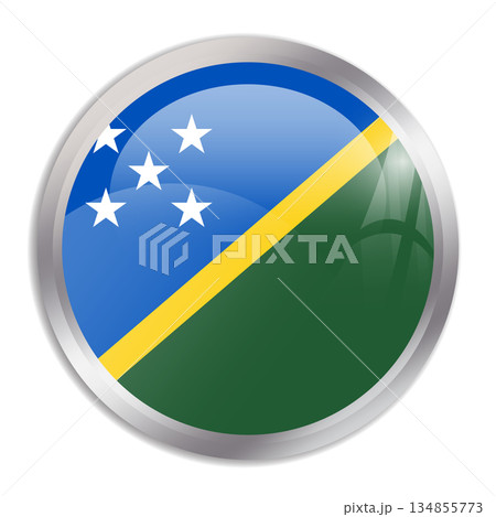 Solomon Islands flag - glossy circle button in metal frame displays a colorful flag of a country cultural identity and heritage. The essence of national pride and unity. 134855773