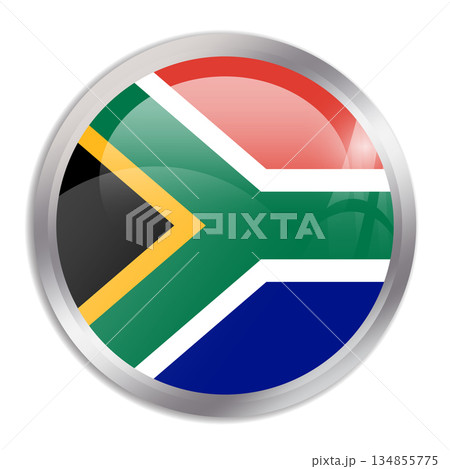South Africa flag - glossy circle button in metal frame displays a colorful flag of a country cultural identity and heritage. The essence of national pride and unity. 134855775
