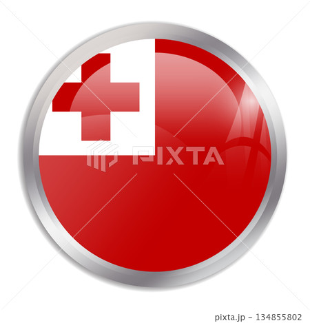 Tonga flag - glossy circle button in metal frame displays a colorful flag of a country cultural identity and heritage. The essence of national pride and unity. 134855802