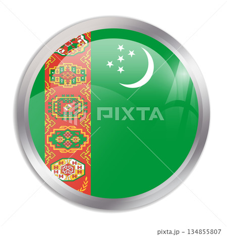 Turkmenistan flag - glossy circle button in metal frame displays a colorful flag of a country cultural identity and heritage. The essence of national pride and unity. 134855807