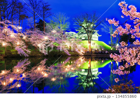 【新潟県】シンメトリーな高田城の満開の夜桜（高田城址公園観桜会） 134855860