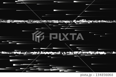 Glitch light lines on dark background. Distorted random noise effect. Damaged video template. Playback failure with white distortions. TV problem overlay texture. Vector illustration 134856068