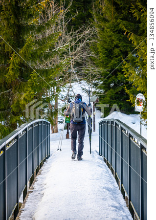 A solo skier crosses Karlov Bridge over the Jizera River on the border of Czechia and Poland during winter. The snow-covered path is surrounded by tall, green trees. A solo skier crosses Karlov Bridge over the Jizera River on the border of Czechia and Poland during winter. The snow-covered path is surrounded by tall, green trees. 134856094