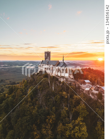Bezdez Castle stands majestically on a hilltop, its medieval ruins bathed in warm sunset light. Surrounded by lush greenery, it offers a breathtaking view of the Czech landscape during dusk. 134856142