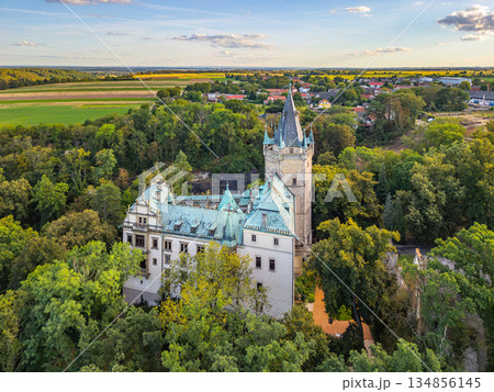 Stranov Castle stands majestically in Central Bohemia, surrounded by lush greenery. This aerial view showcases the historic architecture against a vibrant landscape during daylight. Stranov Castle stands majestically in Central Bohemia, surrounded by lush greenery. This aerial view showcases the historic architecture against a vibrant landscape during daylight. 134856145