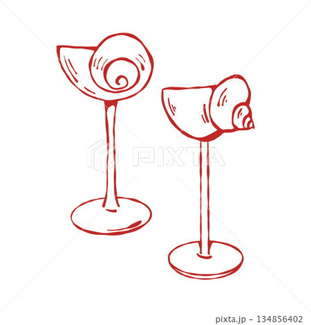 Outline illustration of wine glasses shaped like shells. Red line clip art in vintage style. Vector illustration for weddings, birthdays, and parties in a nautical theme 134856402