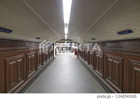 Empty Vintage London Underground Tunnel with Wood Paneling 134856500