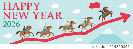 富士山と矢印とビジネスマンが乗った馬が走るイラストの横長の年賀状_女性リーダー_happy new  134856861