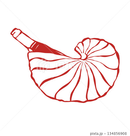 A bottle of wine in a shell. Hand-drawn line sketch, doodle, coastal seascape illustration. Vector outline illustration for weddings and celebrations in a nautical vintage style A bottle of wine in a shell. Hand-drawn line sketch, doodle, coastal seascape illustration. Vector outline illustration for weddings and celebrations in a nautical vintage style 134856908
