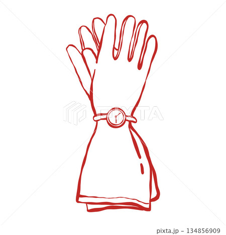 Illustration of vintage womens gloves with a watch. Outline clip art of fashionable womens accessories. Vector linear illustration in red. Fashion, style Illustration of vintage womens gloves with a watch. Outline clip art of fashionable womens accessories. Vector linear illustration in red. Fashion, style 134856909