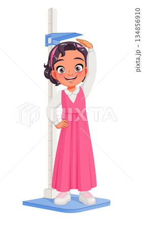Cute little Arab school girl measuring her height with a stadiometer. Cartoon vector illustration. Cute little Arab school girl measuring her height with a stadiometer. Cartoon vector illustration. 134856910
