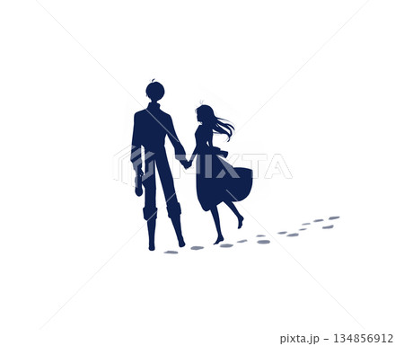 手を繋ぐ男女　足跡　シルエット 134856912