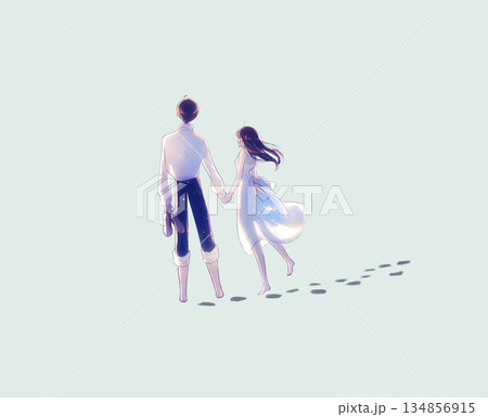 手を繋ぐ男女　足跡 134856915