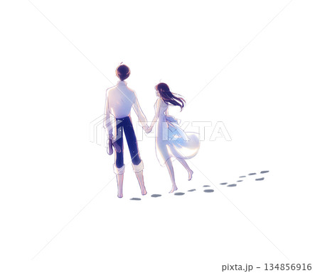 手を繋ぐ男女　足跡 134856916