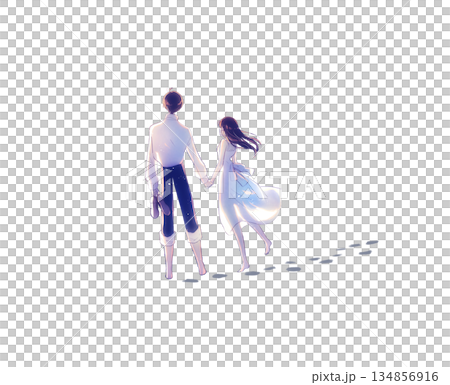 手を繋ぐ男女　足跡 134856916
