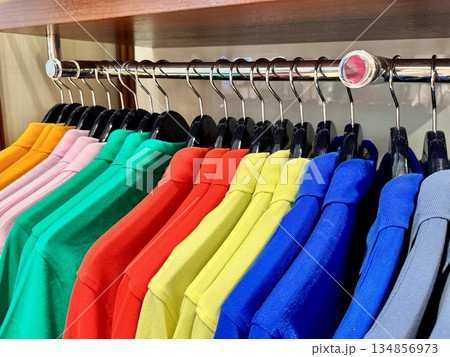 Stylish luxury men's clothing store, new colorful cotton polos hanging on hangers in the store 134856973