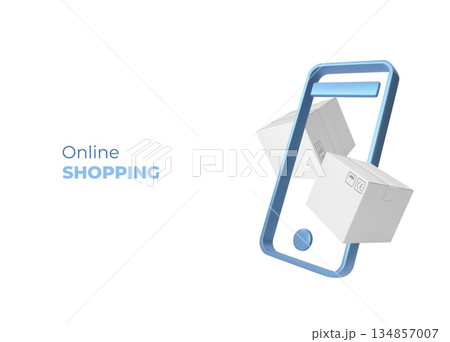 Online shopping promotion blue vector design, 3D white parcel cardboard boxes floats out of smartphone, orders delivery 134857007
