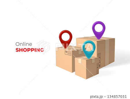 Online shopping promotion 3D vector banner, cardboard boxes, parcels with different colors geolocation signs, delivery Online shopping promotion 3D vector banner, cardboard boxes, parcels with different colors geolocation signs, delivery 134857031