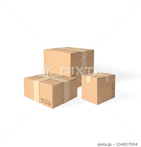 3D cardboard box different sizes, vector realistic brown carton parcel closed with tape and transportation symbols 3D cardboard box different sizes, vector realistic brown carton parcel closed with tape and transportation symbols 134857034