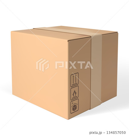 3D cardboard box vector mockup, realistic brown carton parcel closed with tape and transportation symbols delivery cargo 3D cardboard box vector mockup, realistic brown carton parcel closed with tape and transportation symbols delivery cargo 134857050