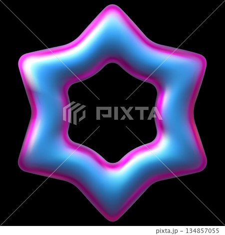 Holographic six-pointed star frame realistic 3D vector, pink blue gradient iridescent space emoji, sparkle decoration 134857055
