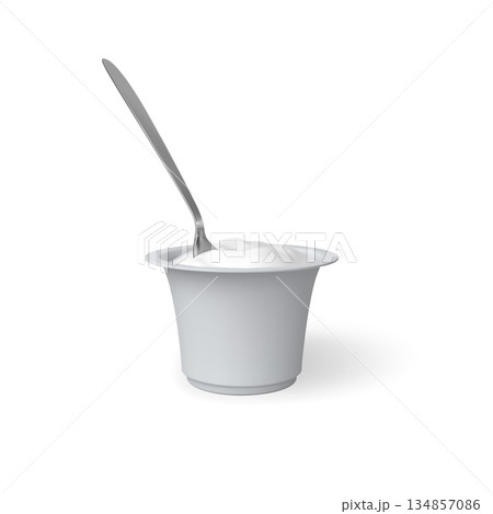 Yogurt cup with spoon, sour cream dairy products package, vector 3D mockup of white round plastic container with meal Yogurt cup with spoon, sour cream dairy products package, vector 3D mockup of white round plastic container with meal 134857086