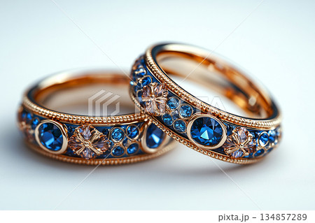 Luxurious pair of wedding rings with blue stones on a white background. Rococo-Renaissance style. 134857289