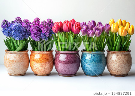 Spring bulbs. Bulbs lasagna in pot. Planting method for containers or garden beds. 134857291