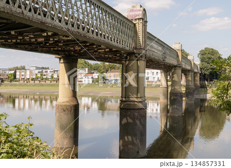 Beautiful view of Kew Railway Bridge or Lattice girder bridge (Strand-on-the-Green Railway Bridge). Beautiful view of Kew Railway Bridge or Lattice girder bridge (Strand-on-the-Green Railway Bridge). 134857331