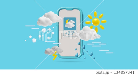 Weather forecast widget with various conditions on smartphone screen 3D design, web or mobile app UI meteorology icons Weather forecast widget with various conditions on smartphone screen 3D design, web or mobile app UI meteorology icons 134857341